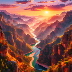 Wall Mural - A river in the mountains with a sunset in the background. Beautiful landscape nature scenery hills, mountain, trees, forest, river, lake, field view . sunrise. sunset. spring forest nature landscape, 