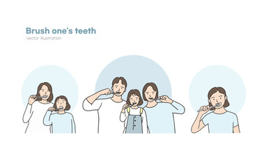 Illustration of children brushing their teeth, mother and daughter brushing their teeth, father, mother and daughter brushing their teeth. Hand-drawn vector illustration