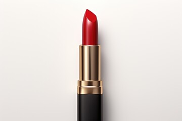 Red lipstick on a white background. Bright lipstick in black case. Lip balm. Cosmetic products. The sphere of beauty.