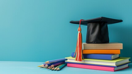 Wall Mural - Graduation day.A mortarboard and graduation scroll on stack of books with pencils color in a pencil case on blue background.Education learning concept