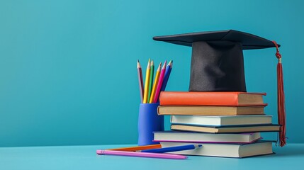 Graduation day.A mortarboard and graduation scroll on stack of books with pencils color in a pencil case on blue background.Education learning concept