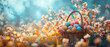 Basket filled with colorful easter eggs on a blooming tree in the fields