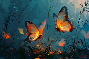 Sticker - Ethereal twilight butterflies, their wings shimmering with the colors of dusk and dawn - Generative AI