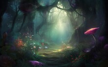 A Painting Of A Forest With Mushrooms And Flowers