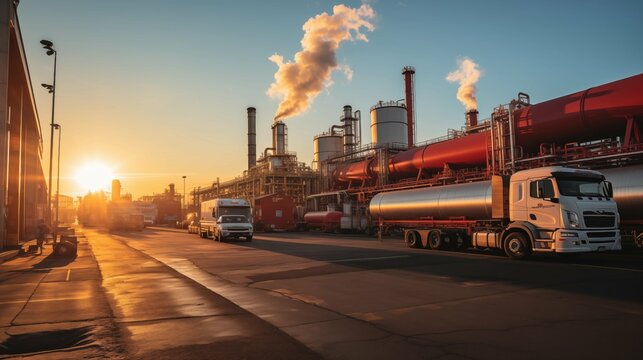 Logistics, Petroleum Product Distribution Center with Tanker Trucks Loading and Unloading Under Vibrant Morning Sunlight