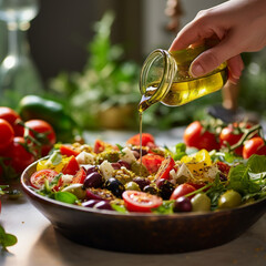 Wall Mural - Pouring olive oil on a salad.