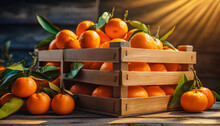 Harvest Juicy Tangerines In A Wooden Box