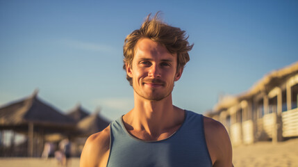 Wall Mural - a happy attractive young man enjoying himself on a sunny beach during a warm day. Man on the beach in the summer. travelling alone concept, happy moment. 