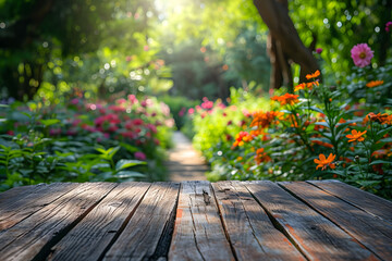 Wall Mural - Foreground Wooden Table, Blur of a Beautiful Flower Garden Background