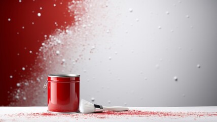 Wall Mural - Minimalist scarlet paint can with a sleek brush, against a backdrop of soft-focus monochrome splatters