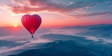 Gorgeous Crimson Hot Air Balloon Heart In A Serene Dawn Sky, With Misty Peaks In The Distance. Valentine's Day Adventure With A Sporty And Leisurely Vibe.