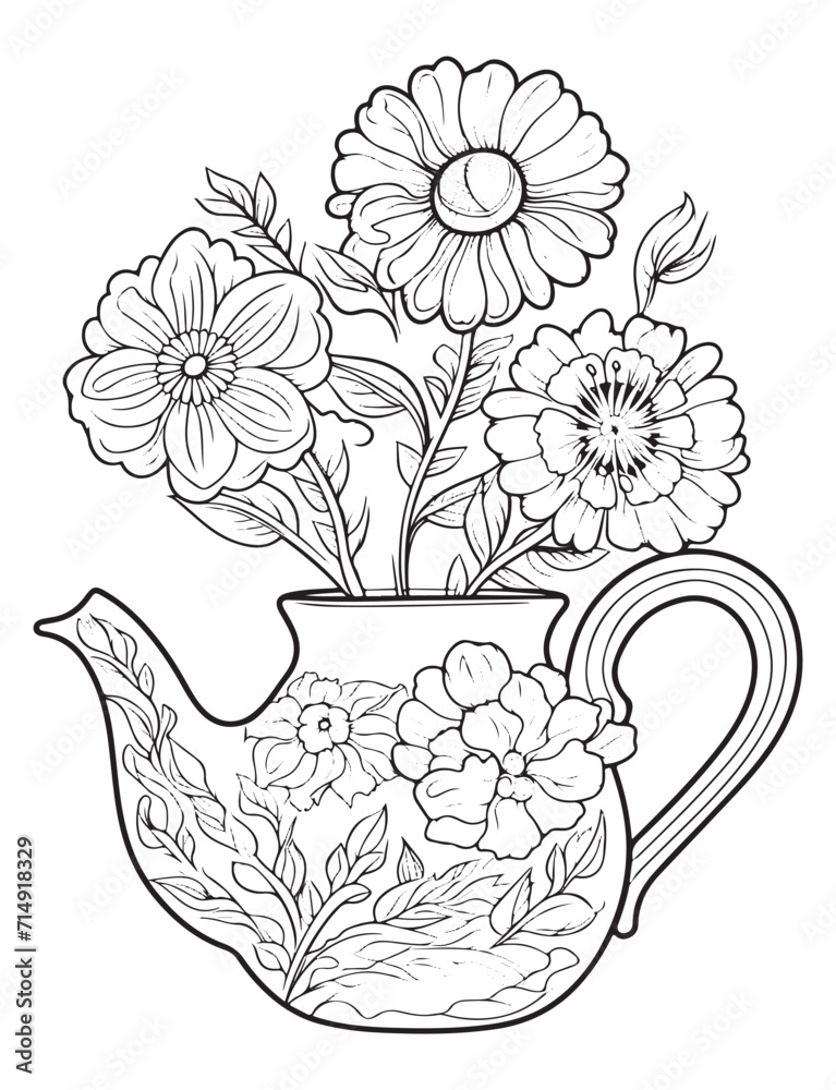 Spring flower bouquet, vector lineal illustration, coloring page for ...