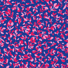 Wall Mural - Random placed, pink leaves and herbs seamless repeat pattern. Vector botanical elements aop all over print on blue background.