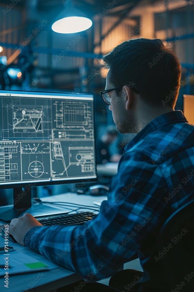 Over the Shoulder View of an Engineer Working with on Desktop Computer, the Screen Shows Technical Details and Drawings. 