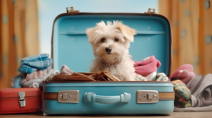 A cute dog is sitting in a suitcase with things, ready to travel.