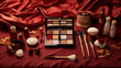 Elegant makeup set arranged on a silky maroon surface, with gold-trimmed brushes and a vintage vibe