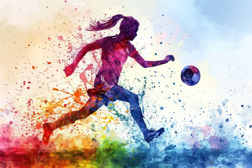 Wall Mural - Soccer player in action, woman colorful watercolor with copy space