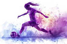 Soccer Player In Action, Woman Purple Watercolor With Copy Space