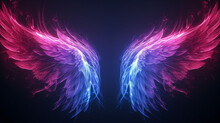 Abstract Neon Angel Wings Illuminated By Pink And Blue Lights On Black Background, Ai Generated Image