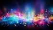 Colorful abstract music background with vibrant musical notes and dynamic waves on a dark backdrop.