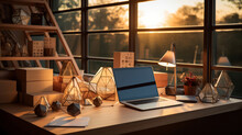 An Organized Desk Scene, With Geometric Figures Neatly Arranged By Size, Bathed In The Warm Glow Of Sunset Through The Window