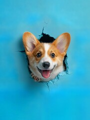 Sticker - a cute smiling baby corgi peeking through a hole on the wall