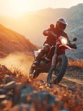 A Skilled Biker In Complete Motorcycle Gear Riding An Enduro Bike On A Mountain Road During Sunset, With A 3D Background, Representing The Idea Of Fast Motorcycling As A Hobby And Journey.