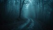 Enigmatic shadowy woods. Gloomy and somber forest pathway shrouded in fog. Sinister scenery of haunted woods with eerie tree.