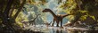 variety of dinosaurs coexist near serene stream in a sunlit, verdant Jurassic forest environment