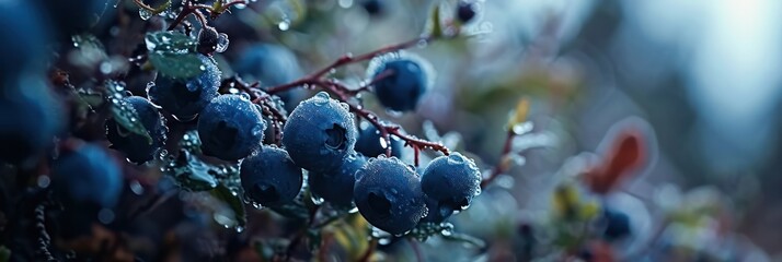 Poster - Deep blue tones of ripe blueberries laden with water droplets in a cool, misty atmosphere