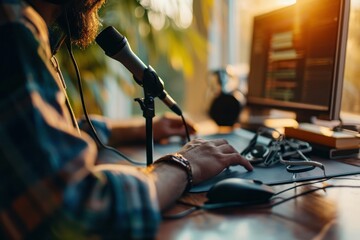 Poster - Focused podcaster at work with microphone and computer in a sun-drenched studio with greenery