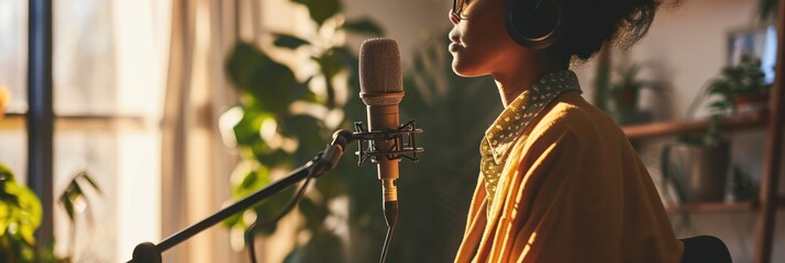 Aufkleber - Silhouetted podcaster at microphone in a sunlit studio with green plants in the background