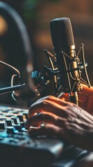 Aufkleber - Focused podcast host with professional microphone and keyboard, recording session