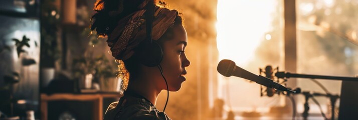 Aufkleber - Silhouetted African American woman with headphones singing into a microphone, warm sunlight.