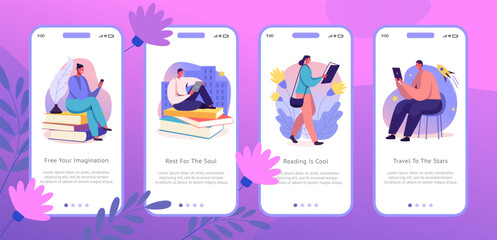 Aufkleber - Study app. Mobile interface. People read books using smartphone. E-book phone application technology. Student with literature. Social media page screen. Vector UI design templates set