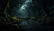Enchanting Forest Waterscape: Dark forest at night with a serene river flowing through, surrounded by lush greenery and rocky terrain