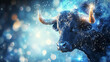 An artistic representation of Taurus, with a strong bull amidst a starry background, Zodiac signs, blurred background, with copy space