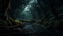 Enchanting Forest Waterscape: Dark Forest At Night With A Serene River Flowing Through, Surrounded By Lush Greenery And Rocky Terrain