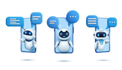 Poster - 3d chat bot. Ai robot with speech bubbles on smartphone screen, artificial chatbot icon, gpt customer service support, computer people render isolated elements. Vector illustration concept