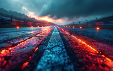 Wall Mural - The cold mood of motion blurred the racetrack with the sunset sky.