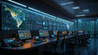 Futuristic office workspace: A modern command center with screens and holographic displays, depicting a high-tech work environment