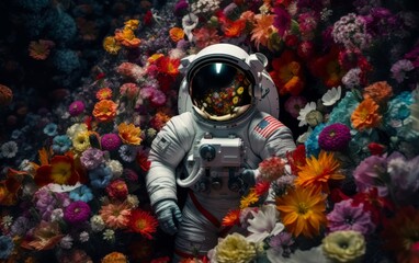 astronaut in a spacesuit in the middle of a huge number of different flowers 