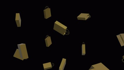Shopping bags background. Falling paper shopping bags over alpha channel. Rain of shopping bags across the screen.
