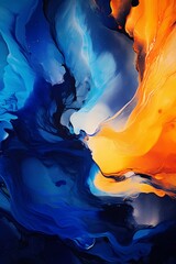 Wall Mural - A liquid symphony of radiant orange and deep indigo, swirling and splashing against a cosmic canvas, creating a mesmerizing display of dynamic color and form.