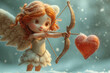 cupido en forma de bella muñeca de dibujos animados pelirroja con alas y arco con flecha apuntando a un corazón rojo, sobre fondo nevando desenfocado bokeh