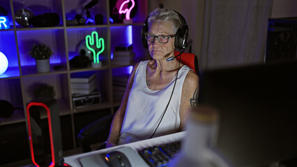 Serious grey-haired senior woman streamer engrossed in a nighttime digital game at home, relaxed yet focused, sitting with headset and gamepad in her gaming room