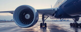 Fototapeta  - The close-up of a commercial airplane's engine and landing gear on the tarmac conveys the power and complexity of modern air travel.