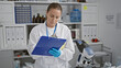 © Krakenimages.com - Focused young blonde scientist, clipboard in hand, diligently conducts precise medical research in a bustling laboratory, immersing herself in the crucial academic rigors of her work.