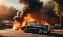 Burning Car. Fire Of A Passenger Car In A City Parking Lot. Fire In The Engine Compartment, Short Circuit In The Wiring. Open Fire And Black Smoke. Road Incident. Gangster Mafia Wars