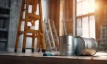 Construction Stepladder, Paint Roller And Paint Bucket In Home Interior: White Wall And Gray Floor. Apartment Decoration Concept. Repair Indoors, Cans Of Paint, Stepladder On Background